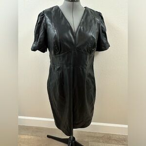 DKNY Black Faux Leather Puff Sleeve Sheath Dress